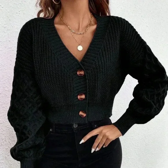 Black Casual Women's Drop Shoulder Button Front Cardigan - Picture 6 of 6